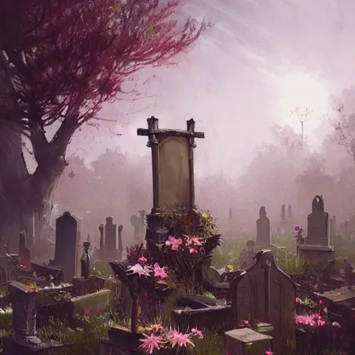 Prompt: A Greg Rutkowski painting of a graveyard, floralpunk