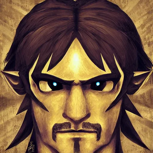 Image similar to a baroque portrait of link from the legend of zelda, dark background, art by irina french