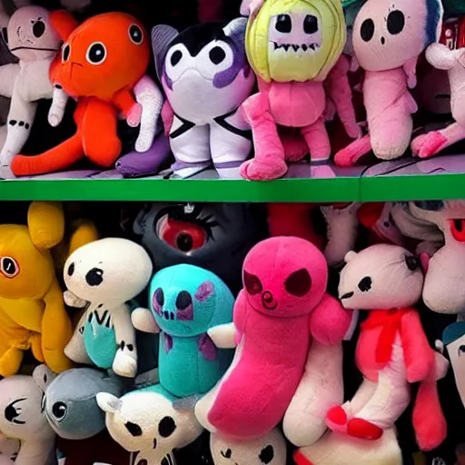 Prompt: haunting plushies being sold at an amusement park, devilish, nightmare fuel, scary, cursed, evil, dark