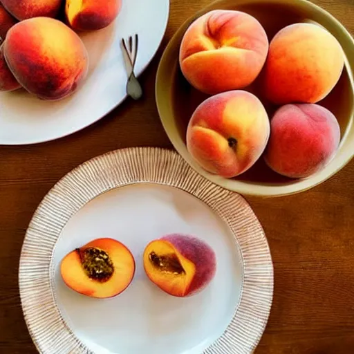 Prompt: beautiful woman in the background, table and plate of peaches in the foreground, natural light, ilia kuvshinov style,