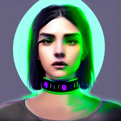 Prompt: headshot of cyberpunk woman wearing thick black choker around neck, detailed face, collar on neck, realistic, artstation, cyberpunk style, neon,