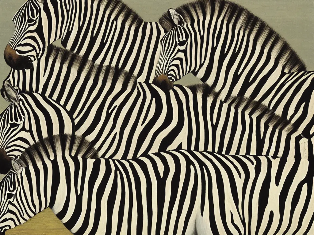 Prompt: Zebra arranged in a row. Painting by Alex Colville, Piero della Francesca