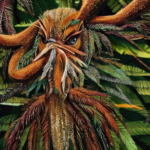 Image similar to photo of an intricate jungle scene showing a bird with six arms, covered in feathers. extreme detail, hyperrealistic photo, gloomy