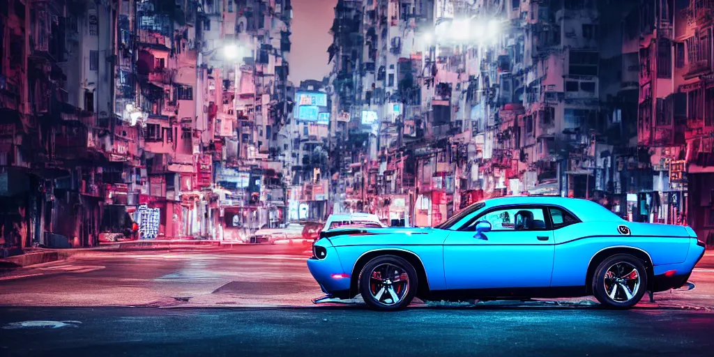 Prompt: dodge challenger with blood vinyil in the middle of a road on the night Hong Kong china town, blue color grading, cinematic color grading , unreal 5, hyperrealistic, realistic, photorealistic, dynamic lighting, highly detailed, cinematic landscape, studio landscape, studio lighting