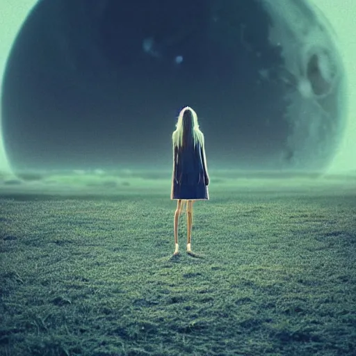 Prompt: a woman with long hair standing in front of a moon, digital art by mike winkelmann, trending on cgsociety, space art, sense of awe, cosmic horror, chillwave