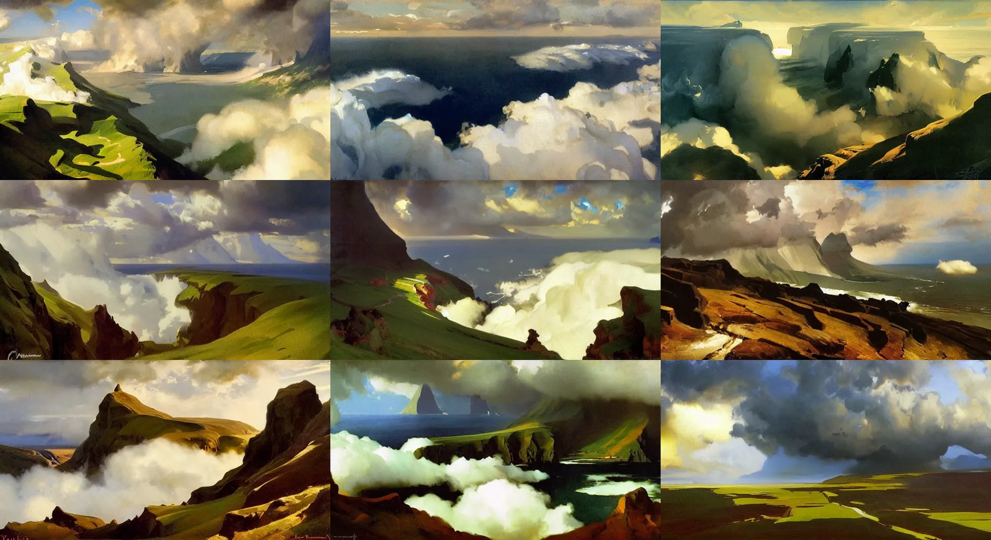 Prompt: painting by sargent and leyendecker and greg hildebrandt savrasov levitan gorgeous fantasy landscape above the layered low clouds on madeira faroe azores iceland black coast overcast storm wide angle view from above masterpiece