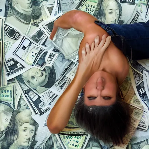 Image similar to a woman floating on money.