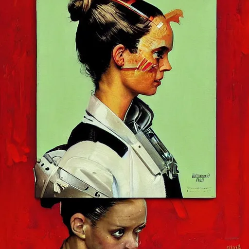 Prompt: portrait of a female android painted by Norman Rockwell and Sandra Chevrier