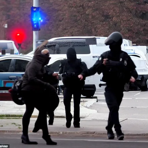 Prompt: a group of people robbing a bank. they are armed with guns and have masks on to hide their identities, are surrounded by police cars with their lights flashing, but the robbers are confident