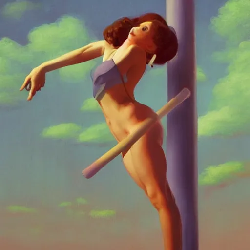 Image similar to A beautiful poledancing fairie, symmetrical features, cinematic lighting, soft bokeh, fantasy, modern, colourful, highly detailed, digital painting, artstation, deviantart, concept art, sharp focus, illustration, by Edward Hopper and Rene Magritte