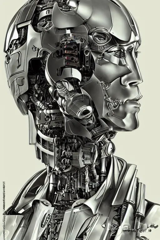 Prompt: futurist half human half robot soldier, art by leyendecker, head and shoulders portrait, cyberpunk, cybernetic implants, very intricate, award winning, extreme details