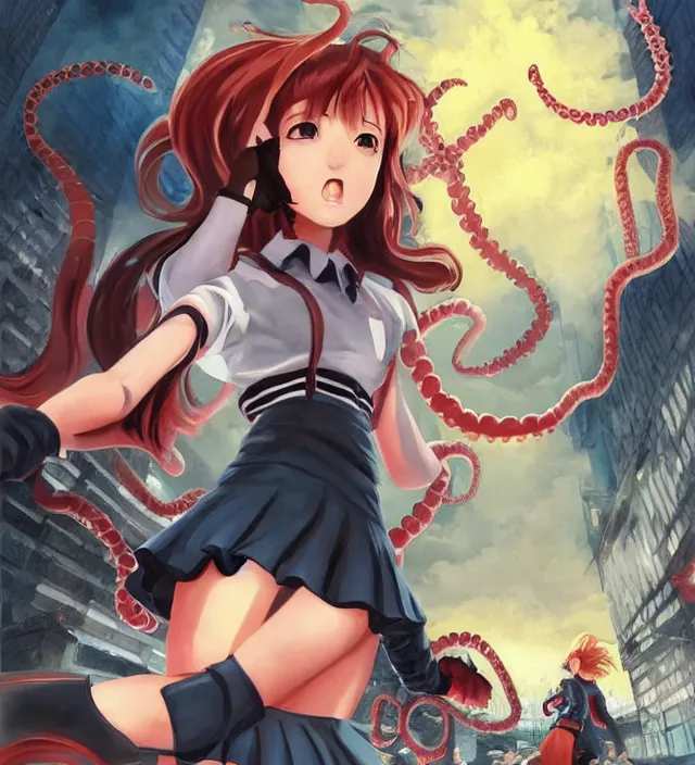 Image similar to hd official art portrait of a cute young schoolgirl fighting tentacle monster demons downtown in ishikawa ken miura kentaro gantz devilman frank miller jim lee alex ross style detailed trending award winning on flickr pixiv artstation