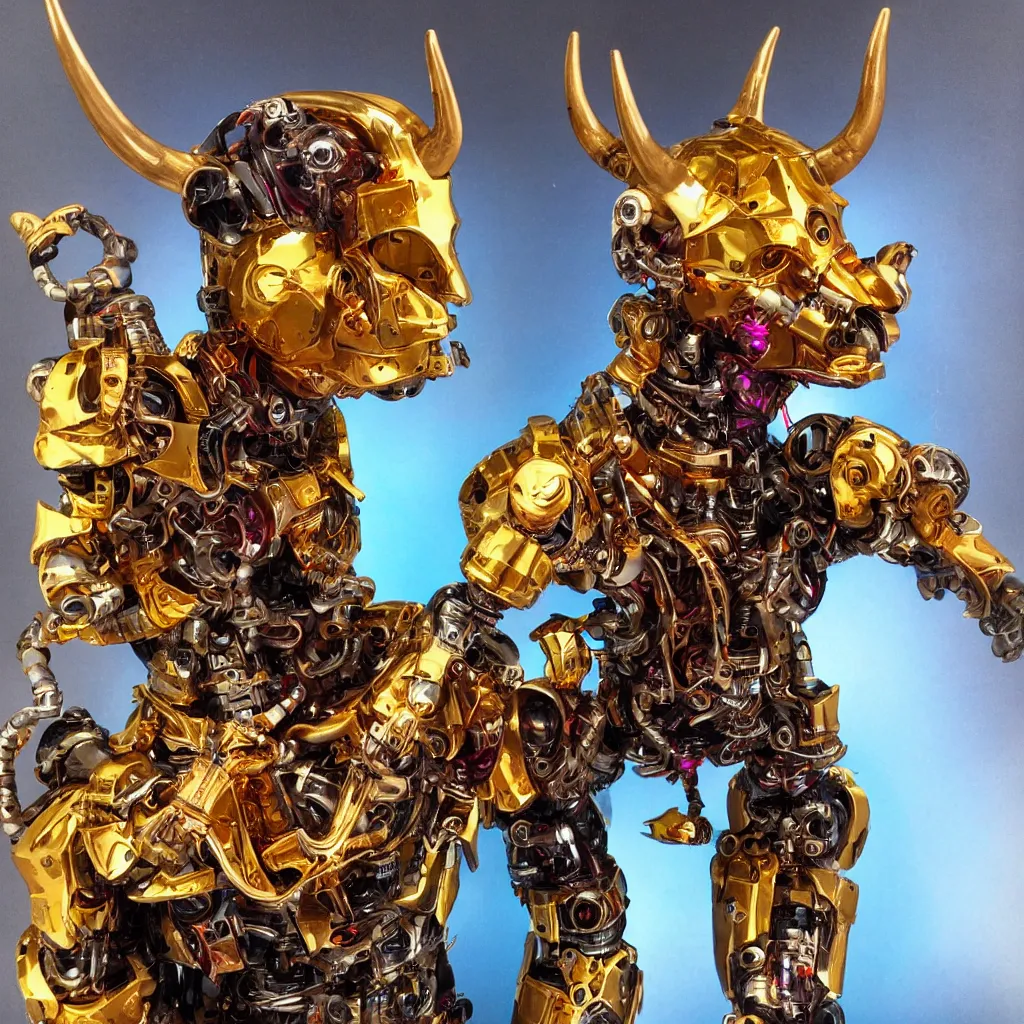 Image similar to a cyborg with gold horns, made out of colourful liquid amber