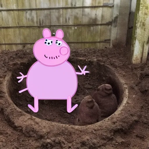 Image similar to peppa pig sitting and crying in a dirty muddy pig sty