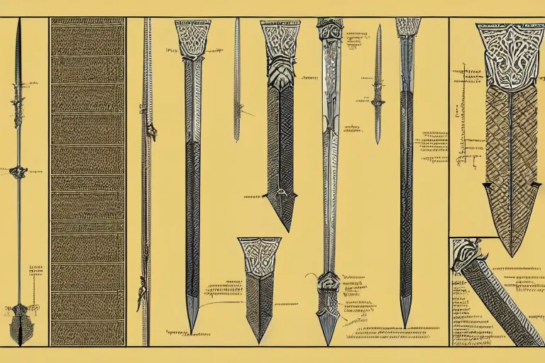 Image similar to schematic diagram of a longsword, ultra detailed, 4 k, papyrus, intricate, encyclopedia illustration, fine inking lines