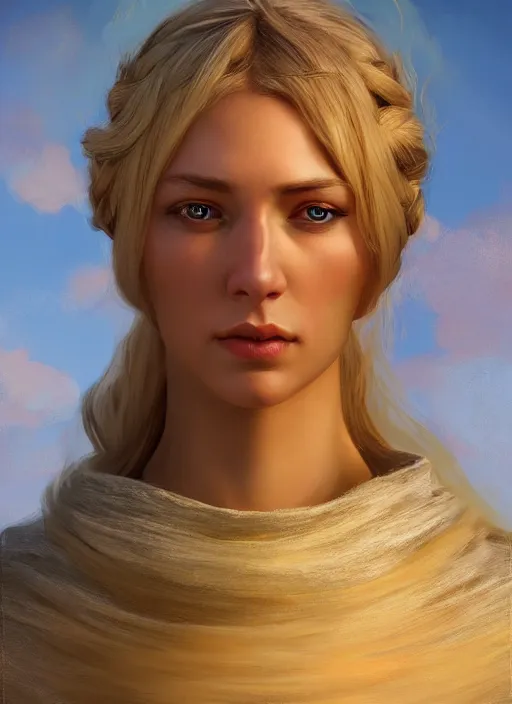 Image similar to blonde peasant woman, fantasy, medieval, vivid colors, fantasy, elegant, concept art, sharp focus, beautiful face!!, digital art, hyper - realistic, 4 k, unreal engine, highly detailed, hd, dramatic lighting by brom, trending on artstation