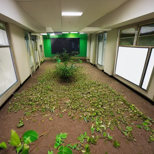 Prompt: open green room with microwaves and tvs full of sprouting leaves and plants dead and alive plants dirt covers the floor bright lighting