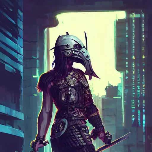 Image similar to cyberpunk viking helmet mask warrior goddess robot ninja fantasy, art gta 5 cover, official fanart behance hd artstation by jesper ejsing, by rhads, makoto shinkai and lois van baarle, ilya kuvshinov, ossdraws