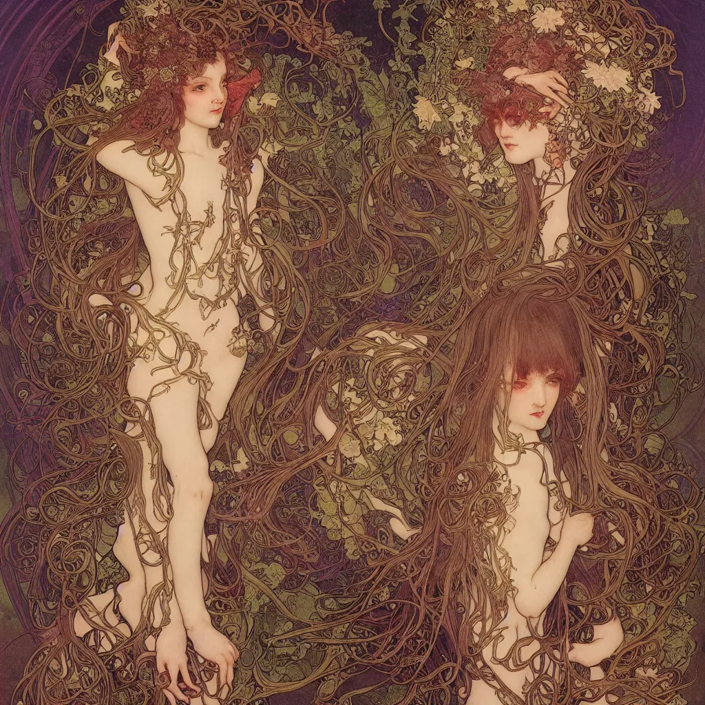 Prompt: realistic detailed image of Bioluminescent Body Horror God by Alphonse Maria Mucha, Lisa Frank, Ayami Kojima, Amano, Karol Bak, Greg Hildebrandt, and Mark Brooks, Neo-Gothic, gothic, rich deep colors. Alphonse Maria Mucha painting by Takato Yamamoto. masterpiece, deep