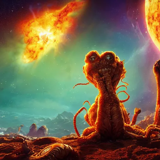 Image similar to one eldritch horror bloody garfield in space, galaxy, hd, 8 k, explosions, gunfire, lasers, giant, epic, realistic photo, unreal engine, stars, prophecy, powerful, cinematic lighting, destroyed planet, debris, movie poster, violent, sinister, ray tracing, dynamic, print, epic composition, dark, lasagna, horrific