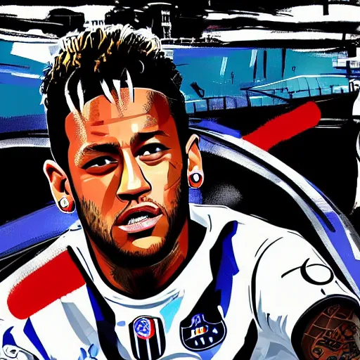 Image similar to Neymar Jr in the style of a GTA V loading screen, illustrated by Stephen Bliss, trending on artstation