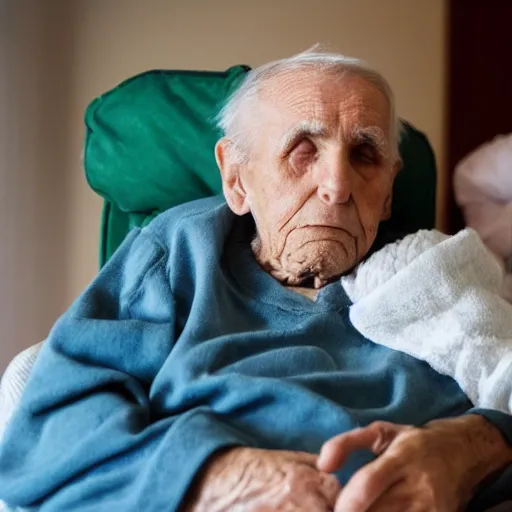 Prompt: man suffering from dementia in a nursing home, struggling to remember his loved ones