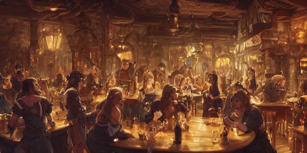 Image similar to a panorama of fantasy characters in a tavern, intricate, highly detailed, digital painting, artstation, smooth, sharp focus, illustration, 8 k, art by artgerm, greg rutkowski