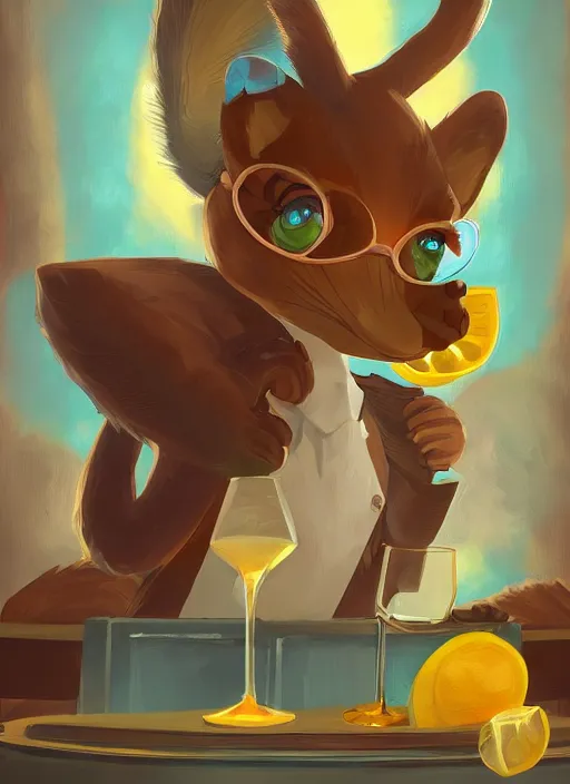 Prompt: squirrel anthro as a dapper bartender with a big fluffy tail, retro futurism, art deco, detailed painterly digital art by Cory Loftis WLOP, 🐿🍸🍋, furaffinity, trending on artstation