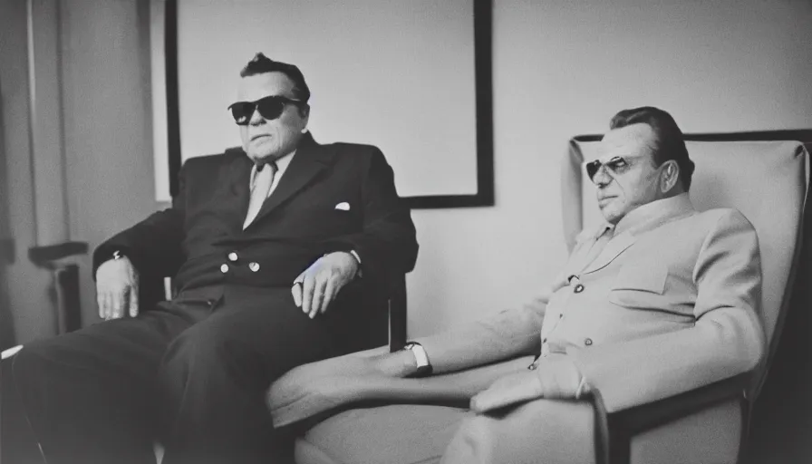 Prompt: 60s movie still portrait of Josip Broz Tito chilling in a armchair, cinestill 800t 35mm black and white, cinematic, very detailed, skin texture, high quality