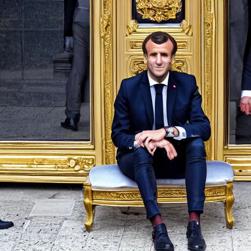 Image similar to emmanuel macron is sitting on the golden toilet, his trousers is down on his feet, detailed photography, 5 0 mm lens,