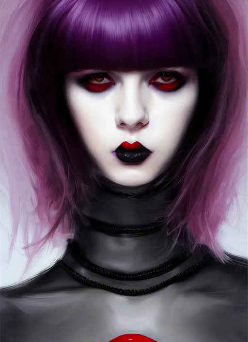 Image similar to portrait of white teenage girl, normal face, black bangs, mall goth, cyberlox, black and white hair, bangs, fluffy bangs, red contacts, purple lipstick, intricate, elegant, highly detailed, digital painting, artstation, concept art, sharp focus, smooth, illustration, art by wlop, mars ravelo and greg rutkowski