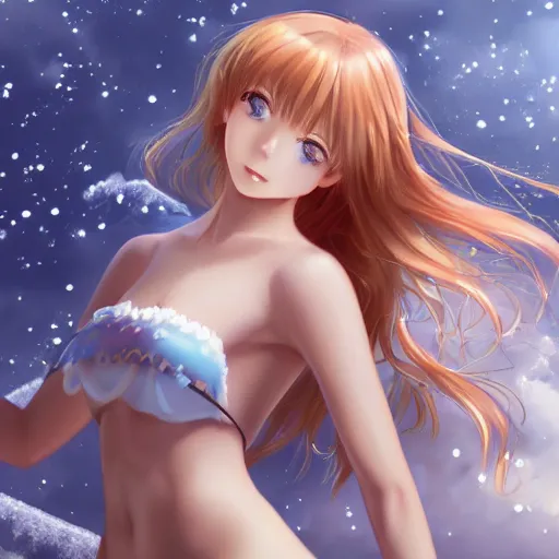 Prompt: winter picture : a detailed very beautiful young ginger anime girl, detailed sky blue eyes, cute, bikini, white miniskirt, highly detailed, cinematic wallpaper by stanley artgerm lau