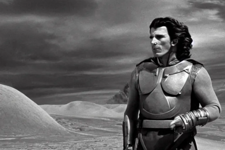 Prompt: film still of Christian Bale as Feyd-Rautha Harkonnen in Dune 1965