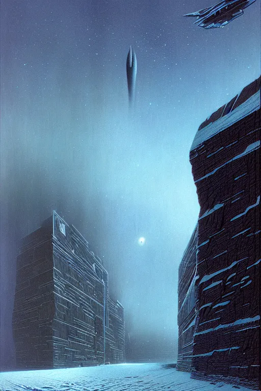 Image similar to emissary space by arthur haas and bruce pennington and john schoenherr, cinematic matte painting, photo realism, dark color palate, blue hour light snow