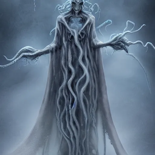 Image similar to concept designs for an ethereal ghostly wraith like figure made from wispy shadows with a squid like parasite latched onto its head and long tentacle arms that flow lazily but gracefully at its sides like a cloak while it floats around a frozen rocky tundra in the snow searching for lost souls and that hides amongst the shadows in the trees, this character has hydrokinesis and electrokinesis for the resident evil village video game franchise with inspiration from the franchise Bloodborne and the mind flayer from stranger things on netflix in the style of a marvel comic