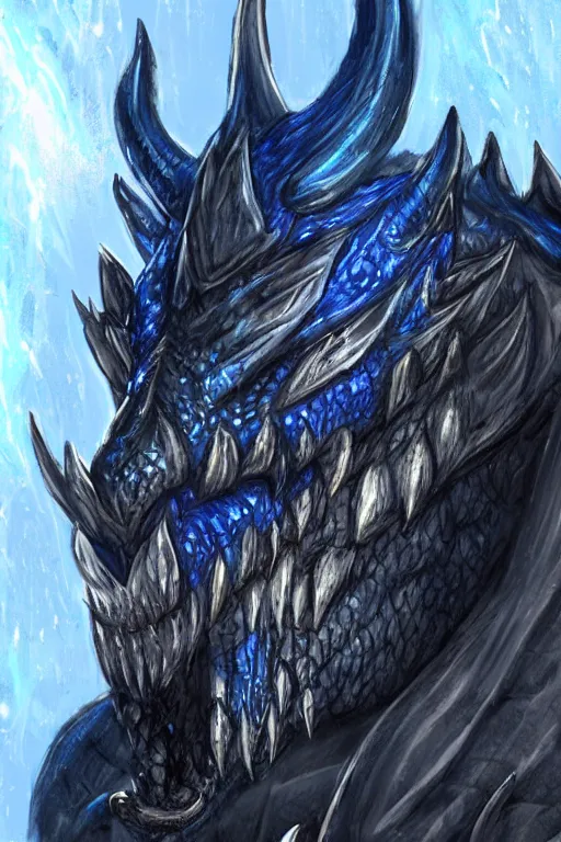 Image similar to a D&D character of a dark blue dragonborn with large tusks, half a face flaming with blue flame, he wears a black dragon scales armor, D&D concept art