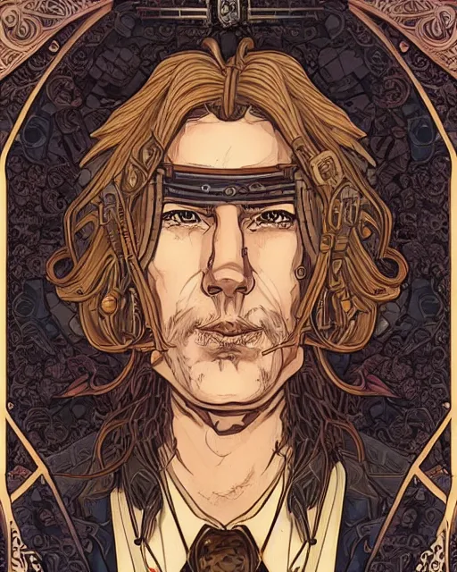 Prompt: a detailed portrait illustration of a steampunk songmage - bard. handsome male face, female body. art nouveau, pop art, comic book style. influenced by neil gaiman, h. p. lovecraft, dan mumford, brian froud, vadim voitekhovitch, killian eng, ross tran, ed emshwiller.