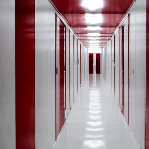 Image similar to a long all white hallway lined with red doors, liminal space,