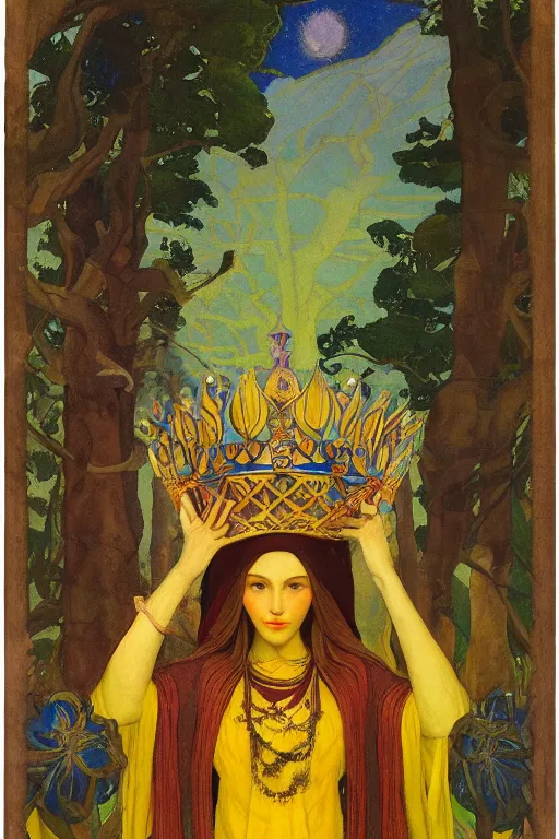 Image similar to queen of the forest with her crown and lantern, by Nicholas Roerich and Annie Swynnerton and Frederick Sandys, dramatic cinematic lighting , ornate headdress , flowing robes, sacred artifacts, lost civilizations, smooth, sharp focus, extremely detailed