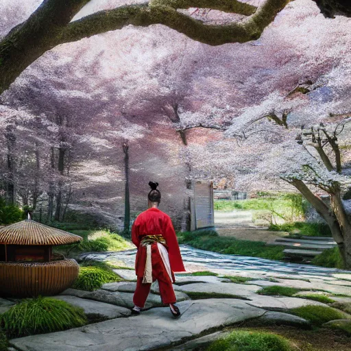 Image similar to hyperrealistic painting of a highly detailed photorealistical samurai, in the background traditional Japanese hut, cherry blossom trees outside, Feng Shui Style, cinematic concept art, art station, award winning art, 8k, octane render, unreal engine 5