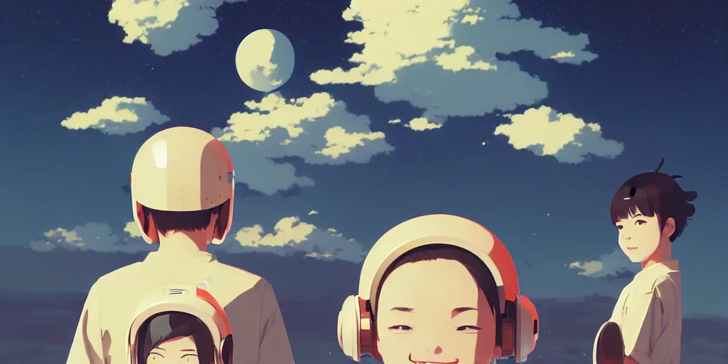 Prompt: 3 d portrait of smiling boy and girl teens with astronaut helmets by ilya kuvshinov, cloudy sky background lush landscape ln illustration concept art anime key visual trending pixiv by victo ngai fanbox by greg rutkowski makoto shinkai takashi takeuchi studio ghibli