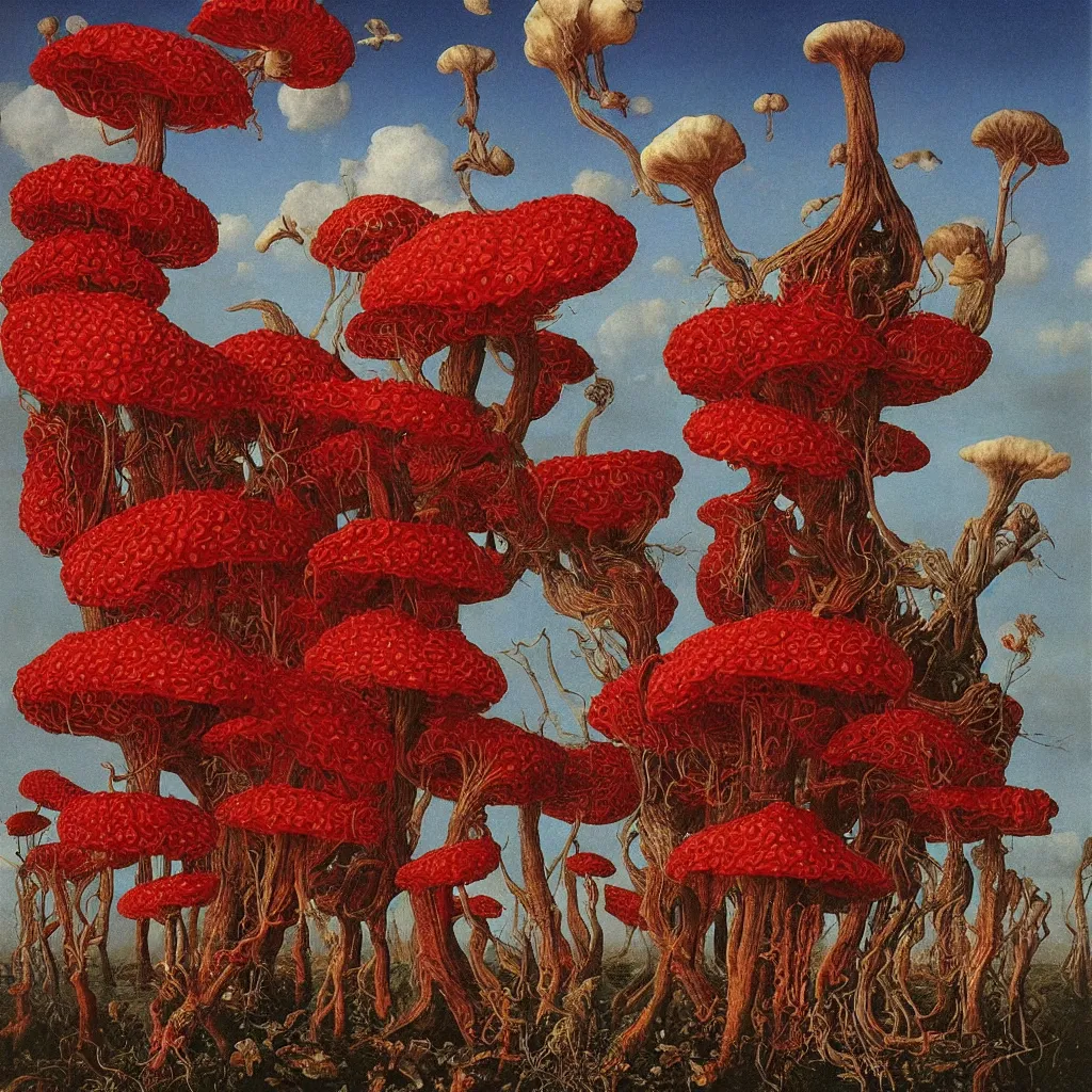 Prompt: a single colorful! ( lovecraftian ) red fungus tower white! clear empty sky, a high contrast!! ultradetailed photorealistic painting by jan van eyck, audubon, rene magritte, agnes pelton, max ernst, walton ford, andreas achenbach, ernst haeckel, hard lighting, masterpiece