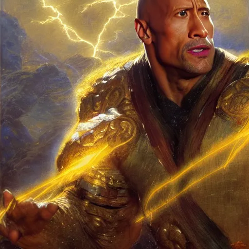 Prompt: dwayne johnson as stunning male master wizard casting thunder spell, highly detailed painting by gaston bussiere, craig mullins, j. c. leyendecker, 8 k