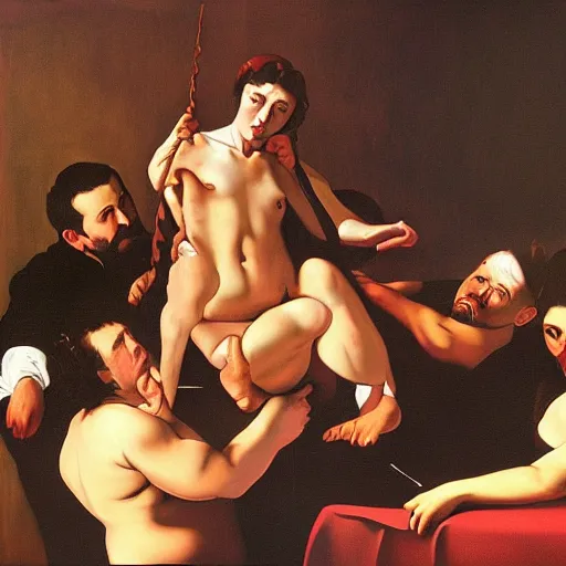 Prompt: a painting of a Friends episode in the style of Caravaggio.