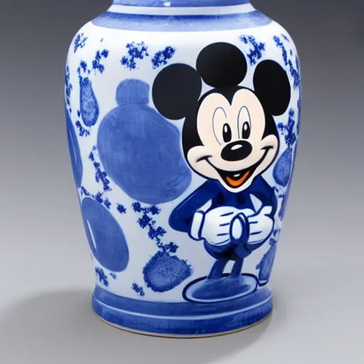 Image similar to a delft blue vase with a happy mickey mouse depicted on it ; extremely detailed ; f / 1. 4, 9 0 mm