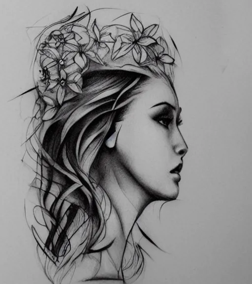 Image similar to tattoo design sketch of a beautiful woman face with a faded background of beautiful nature on her side, hyper - realistic, in the style of den yakovlev, amazing detail, black and white