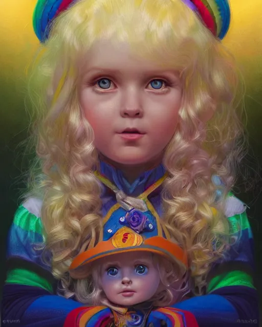 Image similar to rainbow brite portrait | highly detailed | very intricate | symmetrical | whimsical and magical | soft cinematic lighting | award - winning | closeup portrait | cute doll | painted by donato giancola and mandy jurgens and charlie bowater | pastel color palette | featured on artstation