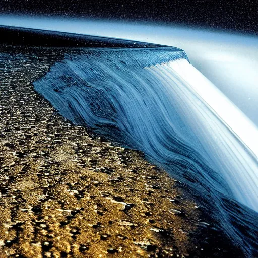 Prompt: the edge of the flat earth, national geographic photograph, water falling into nothing