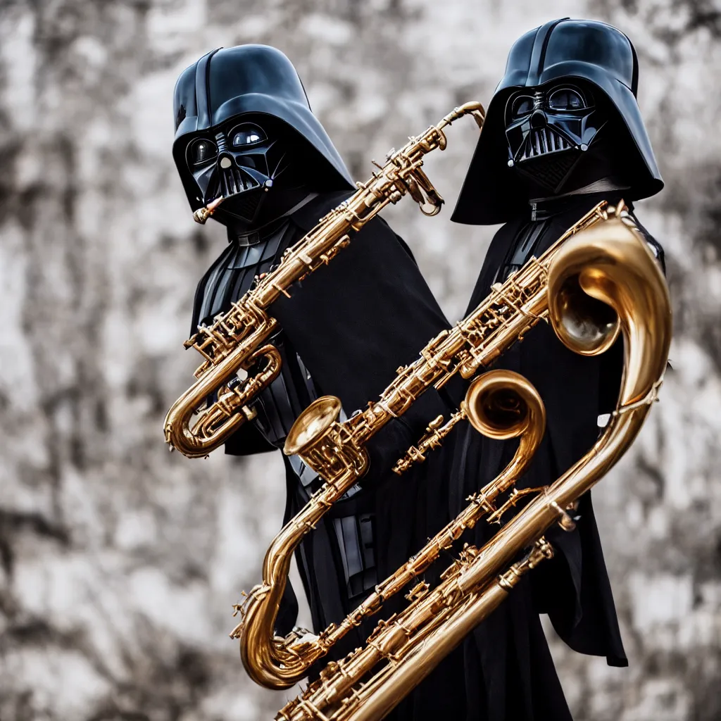 Prompt: high quality photo of darth playing the saxophone, photography 4k, f1.8 anamorphic, bokeh, 4k, Canon, Nikon