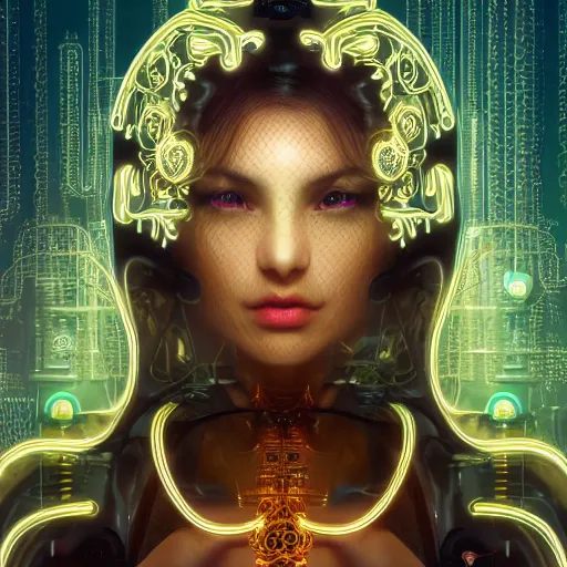 Prompt: very beautiful woman integrating with technology, full face frontal centered, portrait, insipiring, detailed intricate ornate neon pulsating cables connected to head, big open electric eyes, luxurious detailed abundent wiring and implants, gold, renaissance, sci - fi, detailed technology background with cyber flowers and insects, dramatic lighting, photography, highly detailed, artstation, 8 k,